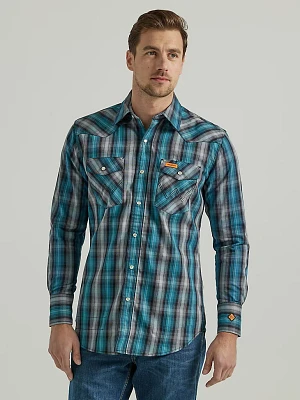 Men's Wrangler® FR Flame Resistant Long Sleeve Western Snap Plaid Shirt Black Teal