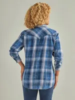 Women's Wrangler Long Sleeve Western Snap Plaid Denim Shirt Blue