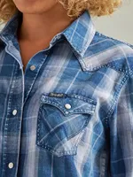 Women's Wrangler Long Sleeve Western Snap Plaid Denim Shirt Blue