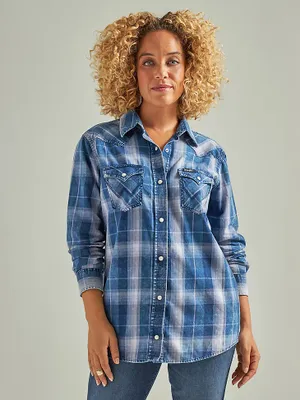 Women's Wrangler Long Sleeve Western Snap Plaid Denim Shirt Blue