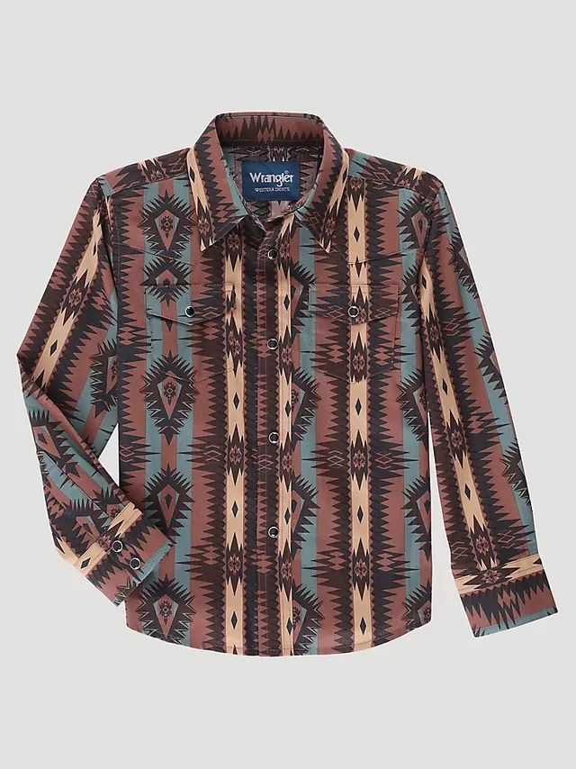 Boy's Wrangler Long Sleeve White Red and Blue Aztec Checotah Pearl Snap Shirt