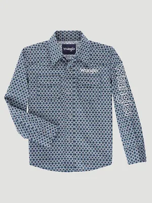 Boy's Wrangler® Logo Long Sleeve Western Snap Shirt Navy