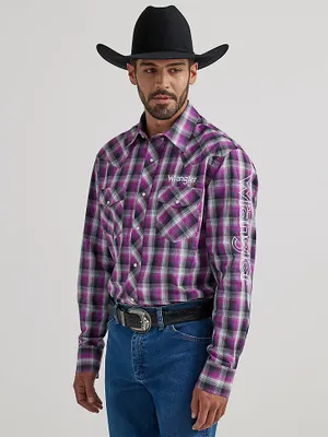 Men's Wrangler® Logo Long Sleeve Western Snap Shirt Violet Plaid