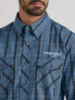 Men's Wrangler® Logo Long Sleeve Western Snap Shirt Black n Blue