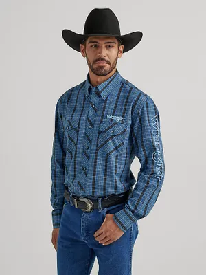 Men's Wrangler® Logo Long Sleeve Western Snap Shirt Black n Blue