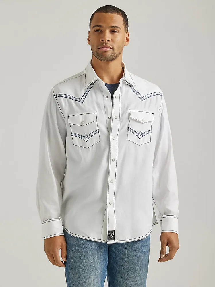 Wrangler Men's Rock 47® by Wrangler® Long Sleeve Embroidered Yoke Solid Western  Snap Shirt Textured White