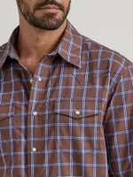 Men's Wrinkle Resist Long Sleeve Western Snap Plaid Shirt Coffee Brown