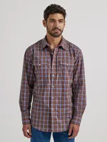 Men's Wrinkle Resist Long Sleeve Western Snap Plaid Shirt Coffee Brown