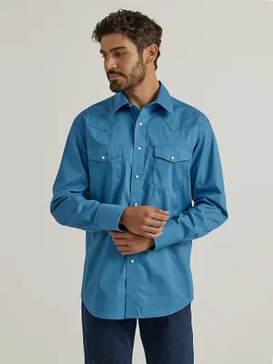 Men's Wrinkle Resist Long Sleeve Western Snap Solid Shirt Aegean Blue