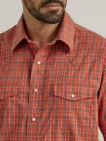 Men's Wrinkle Resist Long Sleeve Western Snap Plaid Shirt Burnt Orange