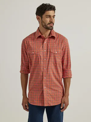 Men's Wrinkle Resist Long Sleeve Western Snap Plaid Shirt Burnt Orange
