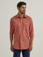 Men's Wrinkle Resist Long Sleeve Western Snap Plaid Shirt Burnt Orange