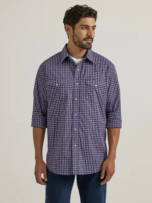 Men's Wrinkle Resist Long Sleeve Western Snap Plaid Shirt Indigo