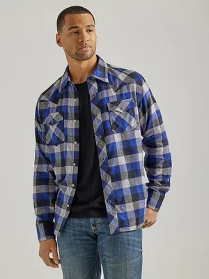 Men's Wrangler Retro® Long Sleeve Flannel Western Snap Plaid Shirt Buffalo Blue