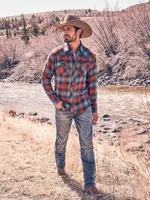 Men's Wrangler Retro® Long Sleeve Flannel Western Snap Plaid Shirt Teal Tan