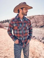 Men's Wrangler Retro® Long Sleeve Flannel Western Snap Plaid Shirt Teal Tan