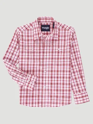 Boy's Long Sleeve Wrinkle Resist Western Snap Plaid Shirt Red