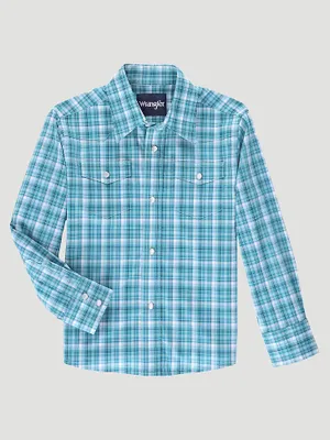 Boy's Long Sleeve Wrinkle Resist Western Snap Plaid Shirt Teal