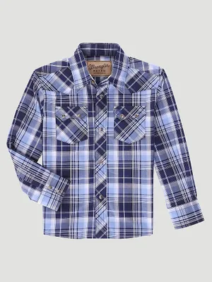 Boy's Wrangler Retro® Western Snap Plaid Shirt with Front Sawtooth Pockets Arctic Blue