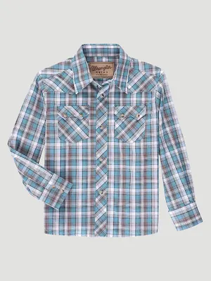 Boy's Wrangler Retro® Western Snap Plaid Shirt with Front Sawtooth Pockets Teal