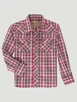 Boy's Wrangler Retro® Western Snap Plaid Shirt with Front Sawtooth Pockets Red Grey