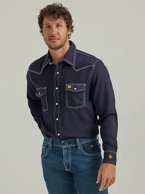 Men's Wrangler® FR Flame Resistant 20X Western Snap Solid Shirt Navy