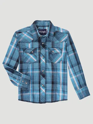 Boy's Long Sleeve Fashion Western Snap Plaid Shirt Cerulean