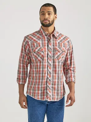 Men's Long Sleeve Fashion Western Snap Plaid Shirt Cider Orange