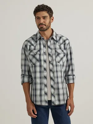 Men's Long Sleeve Fashion Western Snap Plaid Shirt Ombre Grey