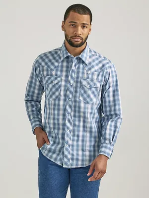 Men's Long Sleeve Fashion Western Snap Plaid Shirt Baby Blue