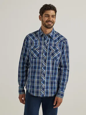 Men's Long Sleeve Fashion Western Snap Plaid Shirt Berry Blue