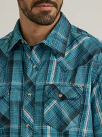 Men's Long Sleeve Fashion Western Snap Plaid Shirt Cerulean
