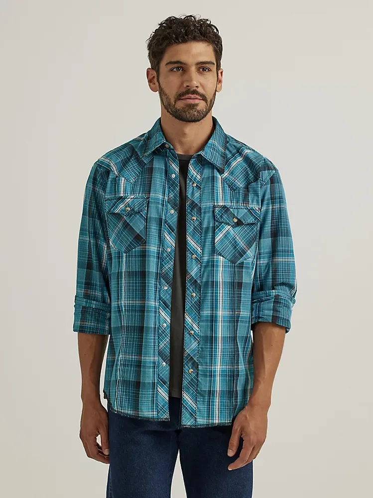 Men's Long Sleeve Fashion Western Snap Plaid Shirt Cerulean