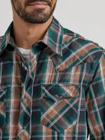 Men's Long Sleeve Fashion Western Snap Plaid Shirt Teal Tan