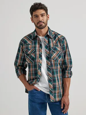 Men's Long Sleeve Fashion Western Snap Plaid Shirt Teal Tan