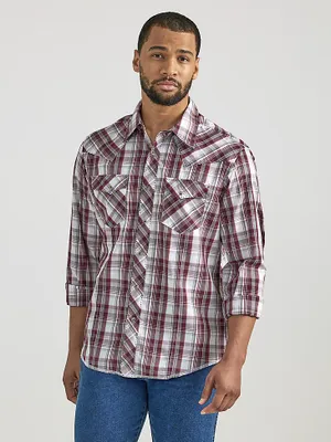 Men's Long Sleeve Fashion Western Snap Plaid Shirt Garnet Madras