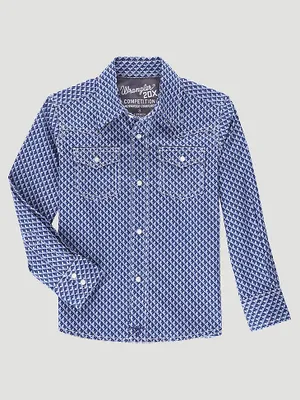 Boy's Wrangler® 20X® Advanced Comfort Western Snap Print Shirt Midnight Squares