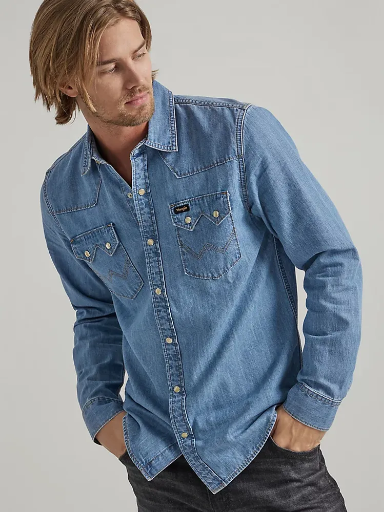 Men's Denim Western Snap Shirt Light Wash