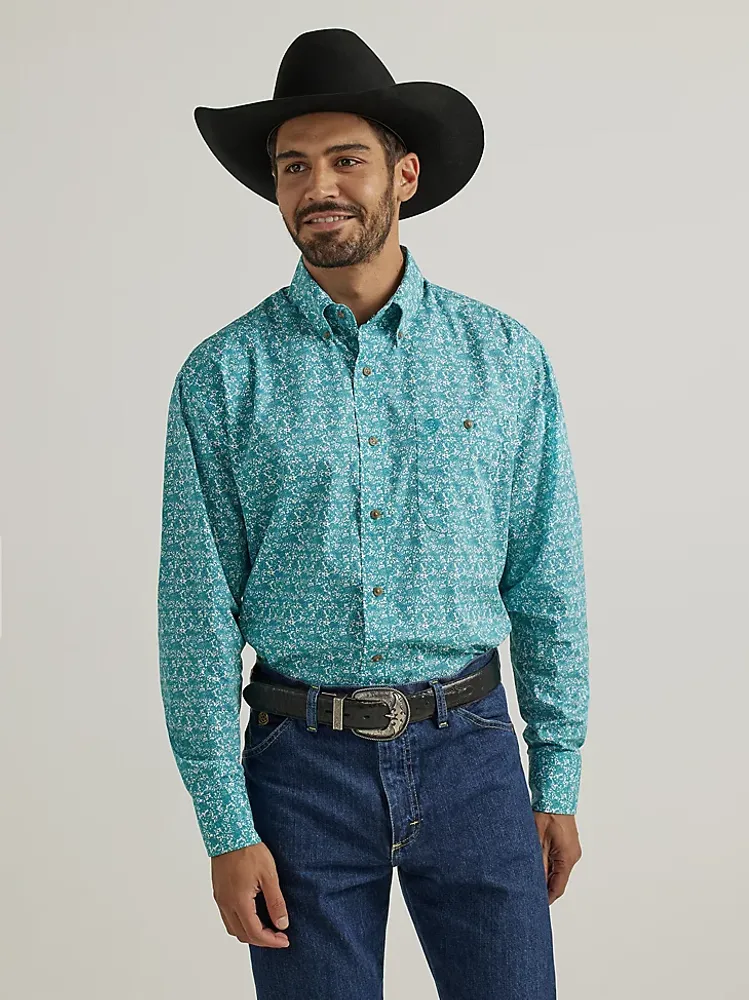 Wrangler® George Strait™ Long Sleeve Button Down One Pocket Shirt Paisley Teal