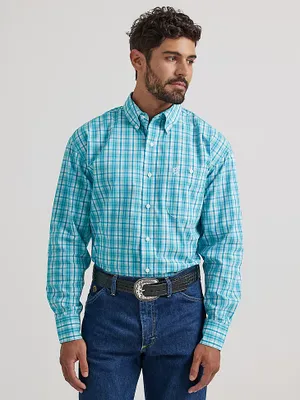 Wrangler® George Strait™ Long Sleeve Button Down One Pocket Shirt Teal Madras