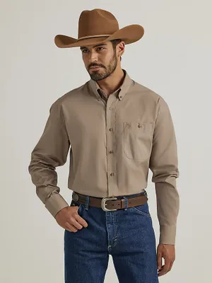 Men's George Strait Long Sleeve One Pocket Button Down Solid Shirt Sandy Beige