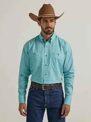 Wrangler® George Strait™ Long Sleeve Button Down Two Pocket Shirt Teal Circles