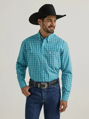 Wrangler® George Strait™ Long Sleeve Button Down Two Pocket Shirt Sea Teal Squares