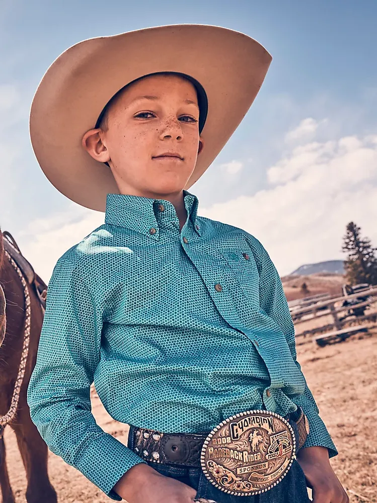 Boy's Classic Button-Down Print Shirt Teal Discs