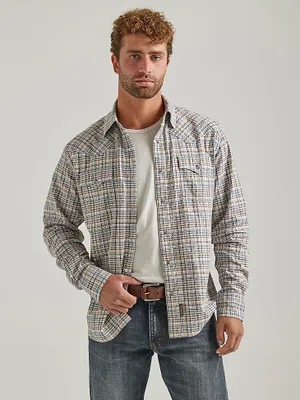 Men's Wrangler Retro® Premium Long Sleeve Western Snap Plaid Shirt Greige Haze