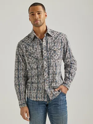 Men's Wrangler Retro Premium Western Snap Print Shirt Grey Paisley Plaid