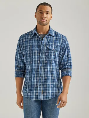 Men's Wrangler Retro® Premium Long Sleeve Western Snap Plaid Shirt Blue Pebble
