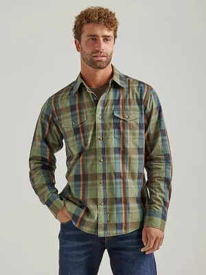 Men's Wrangler Retro® Premium Long Sleeve Western Snap Plaid Shirt Olive Madras