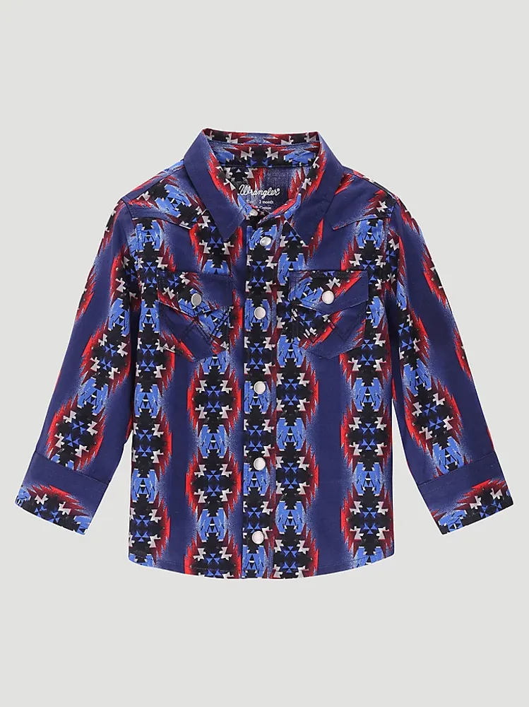 Little Boy Checotah Print Long Sleeve Snap Front Western Shirt Blue