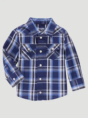 Little Boy Long Sleeve Snap Front Plaid Western Shirt Blue